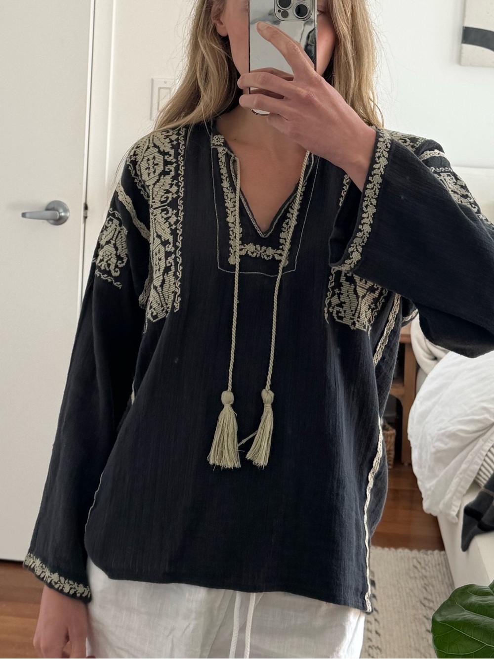 Isabel Marant Black Embroidered Tassel Peasant Top